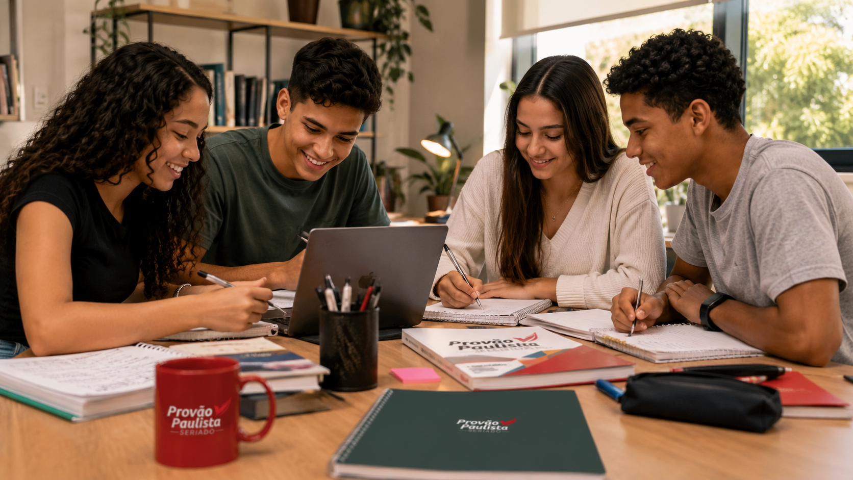 Grupo de estudantes do ensino médio estudando juntos para o Provão Paulista Seriado
